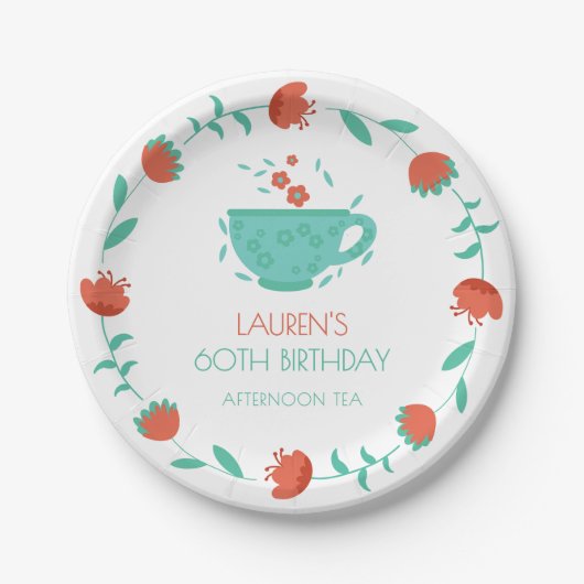 Modern Floral Birthday - Tea Party Paper Plate ペーパープレート (正面)