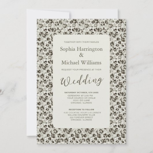 Modern Floral Black & White Wedding Invite QR Code 招待状 (正面)