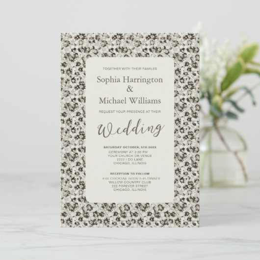 Modern Floral Black & White Wedding Invite QR Code 招待状 (スタンド正面)