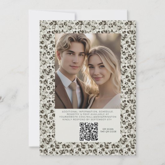 Modern Floral Black & White Wedding Invite QR Code 招待状 (裏面)