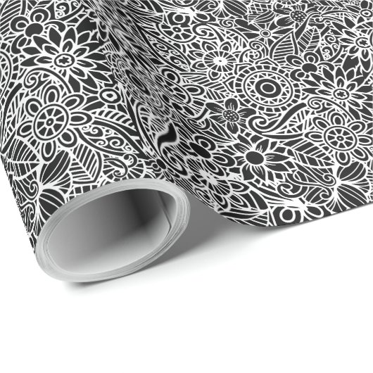 Modern Floral Black White Wrapping Paper ラッピングペーパー (ロールコーナー)