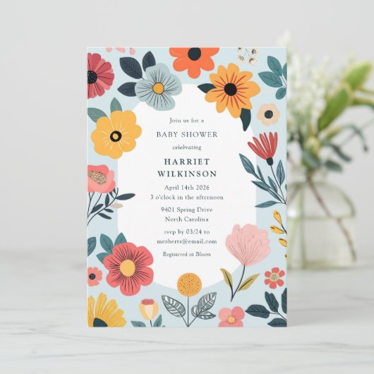 Modern Floral Boy Baby Shower 招待状 (スタンド正面)