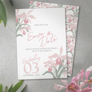 Modern floral Cattleya orchid dusty pink wedding セーブザデート