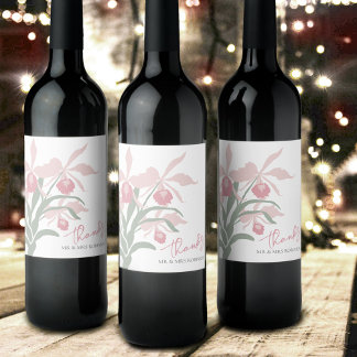 Modern floral Cattleya orchid dusty pink wedding ワインラベル