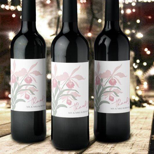 Modern floral Cattleya orchid dusty pink wedding ワインラベル