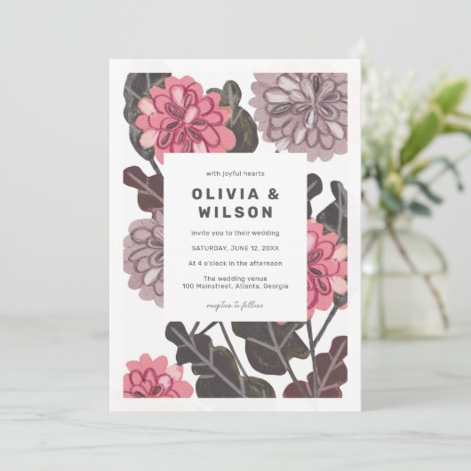 Modern floral charcoal grey mauve pink wedding 招待状 (スタンド正面)