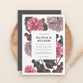 Modern floral charcoal grey mauve pink wedding 招待状