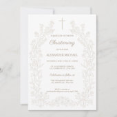 Modern Floral Cross Christening Baptism 招待状 (正面)