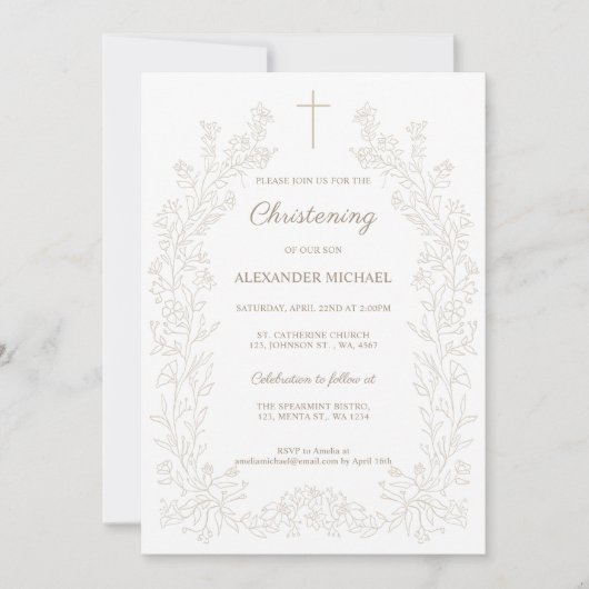 Modern Floral Cross Christening Baptism 招待状 (正面)