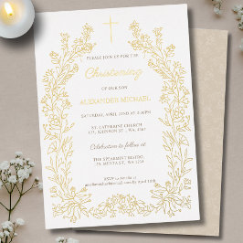 Modern Floral Cross Christening Baptism 箔招待状