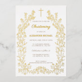 Modern Floral Cross Christening Baptism 箔招待状 (正面)
