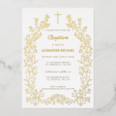 Modern Floral Cross Christian Baptism 箔招待状 (正面)