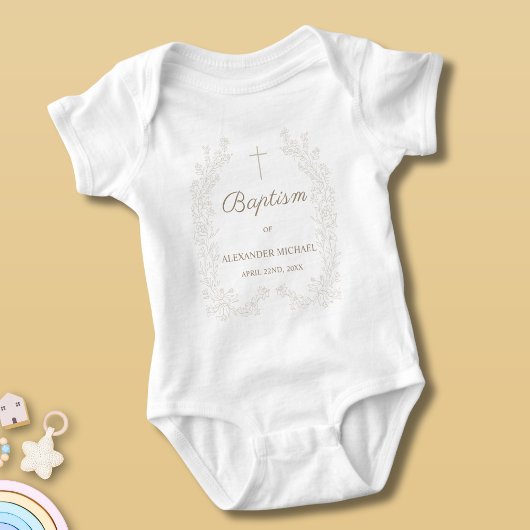 Modern Floral Cross Christian Catholic Baptism ベビーボディスーツ