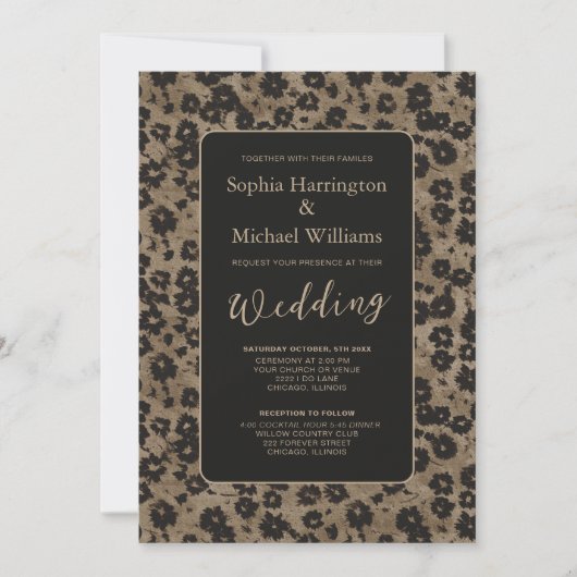 Modern Floral Elegant Black Wedding Invite QR Code 招待状 (正面)