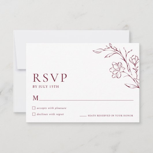 Modern Floral Elegant Burgundy Wedding RSVP Card (正面)