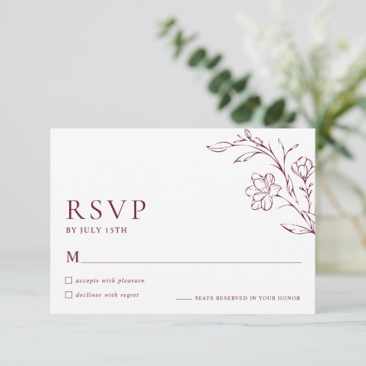 Modern Floral Elegant Burgundy Wedding RSVP Card (スタンド正面)