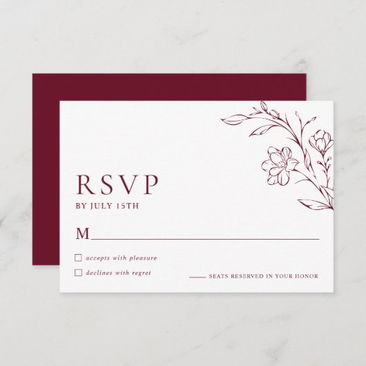 Modern Floral Elegant Burgundy Wedding RSVP Card (正面/裏面)