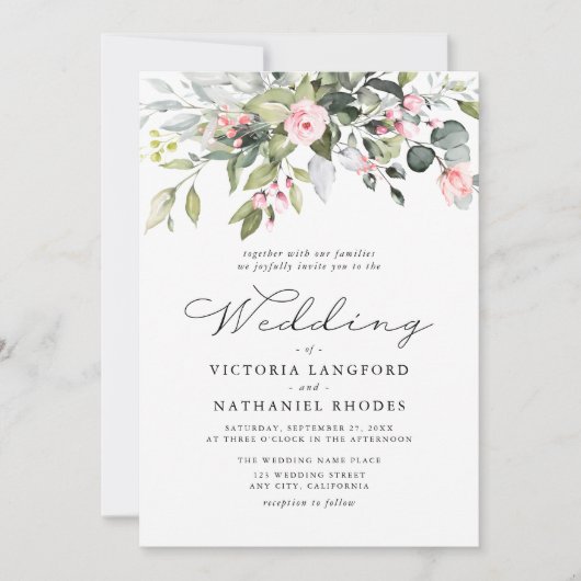 Modern Floral Eucalyptus Leaves Greenery Wedding 招待状 (正面)