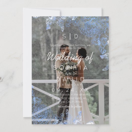 Modern Floral Frame Photo Modern Wedding  招待状 (正面)