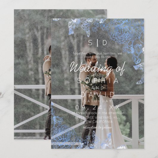 Modern Floral Frame Photo Modern Wedding  招待状 (正面/裏面)