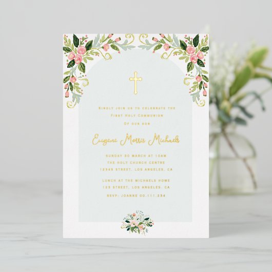 Modern floral gold text first communion 箔招待状 (立ち正面)