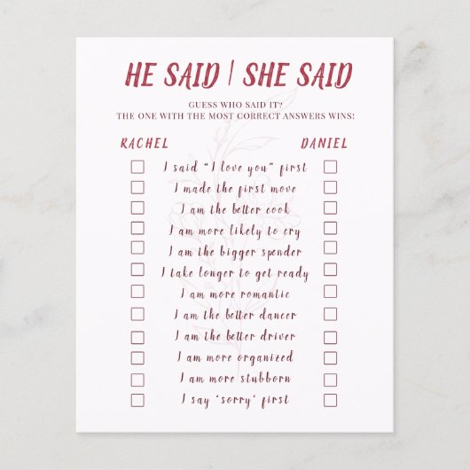 Modern Floral He Said She Said Bridal Shower Game チラシ (正面)