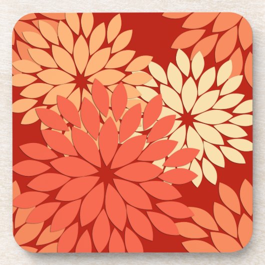 Modern Floral Kimono Print, Mandarin Orange  コースター (正面)