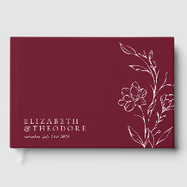 Modern Floral Line Art Elegant Burgundy Wedding ゲストブック