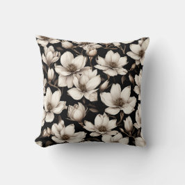 Modern Floral Magnolia Flowers on Black クッション