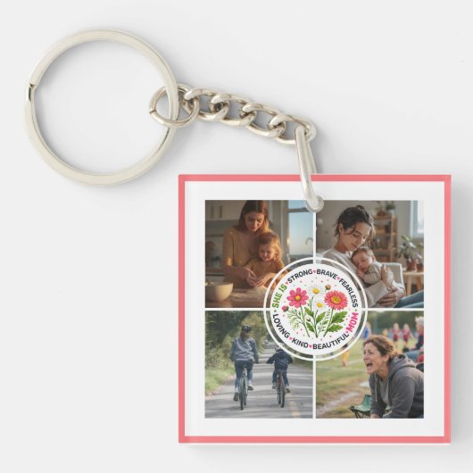 Modern Floral Multi-Photo Custom Mother's Day キーホルダー (正面)