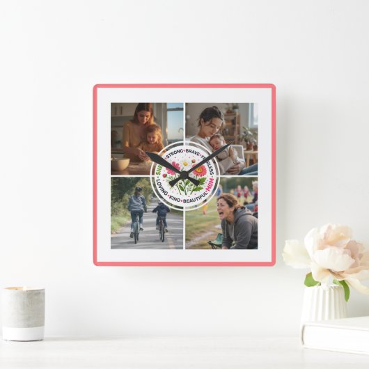 Modern Floral Multi-Photo Custom Mother's Day スクエア壁時計 (ホーム)