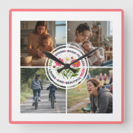 Modern Floral Multi-Photo Custom Mother's Day スクエア壁時計