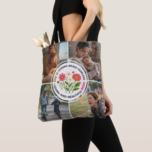 Modern Floral Multi-Photo Custom Mother's Day トートバッグ (クローズアップ)