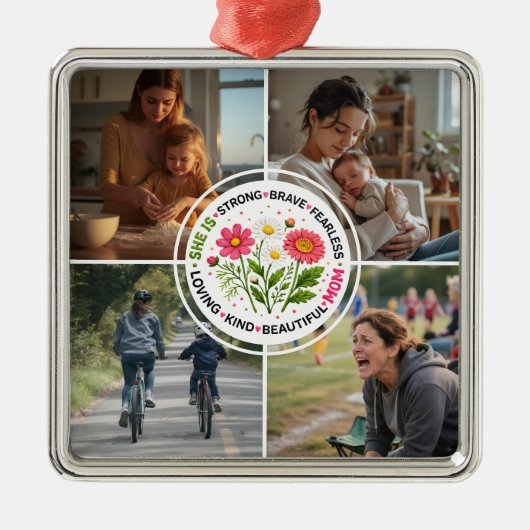 Modern Floral Multi-Photo Custom Mother's Day メタルオーナメント (正面)