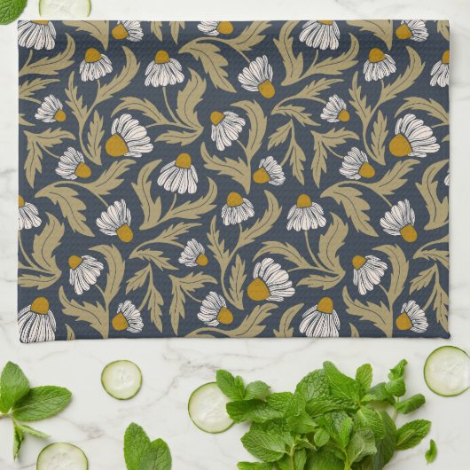 Modern Floral Navy Blue Coneflower Daisy Botanical キッチンタオル (折り畳み)