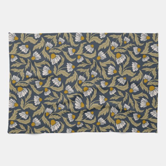 Modern Floral Navy Blue Coneflower Daisy Botanical キッチンタオル (横)