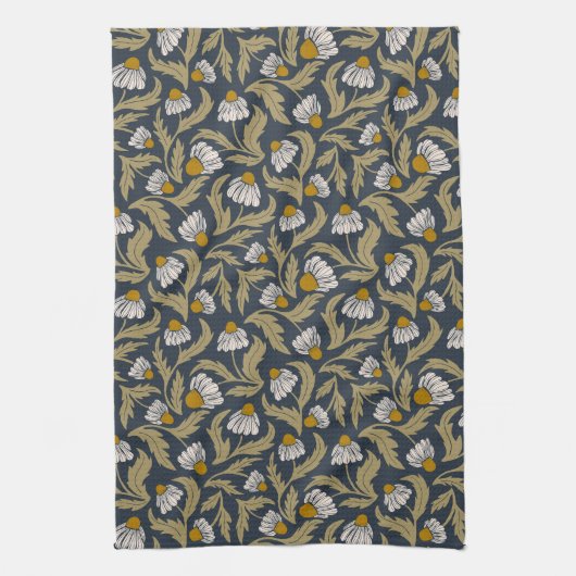 Modern Floral Navy Blue Coneflower Daisy Botanical キッチンタオル (縦)