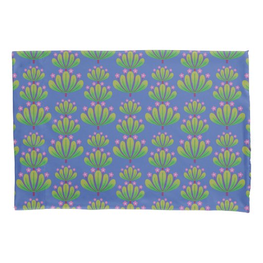 Modern Floral Pattern in Pansy Blue and Green 枕カバー (正面)