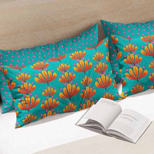 Modern Floral Pattern in Turquoise and Orange 枕カバー