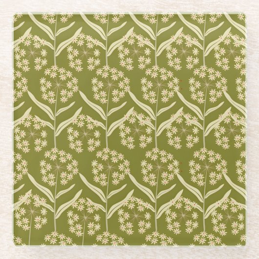 Modern Floral Pattern: White Umbel Flowers ガラスコースター (正面)