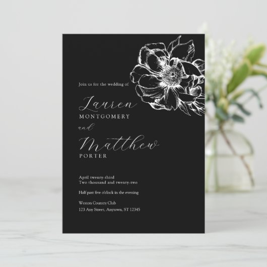 Modern Floral Peony Black and White Wedding 招待状 (スタンド正面)