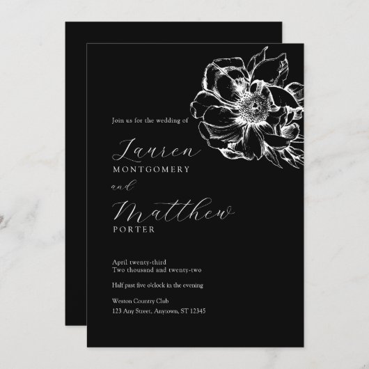 Modern Floral Peony Black and White Wedding 招待状 (正面/裏面)