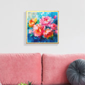 Modern Floral Pink Abstract – Gold Textured Frame キャンバスプリント (インサイチュ (リビング))