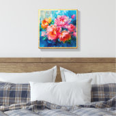 Modern Floral Pink Abstract – Gold Textured Frame キャンバスプリント (インサイチュ (寝室))