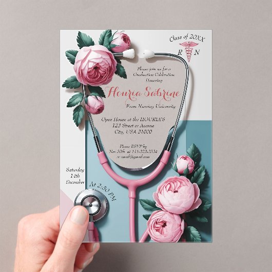 Modern Floral Pink Roses Stethoscope Graduation アクリル招待状 (インサイチュ (ポータブル))