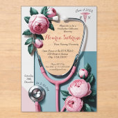 Modern Floral Pink Roses Stethoscope Graduation アクリル招待状 (正面)