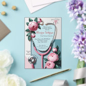 Modern Floral Pink Roses Stethoscope Graduation アクリル招待状 (インサイチュ (ウェディング))