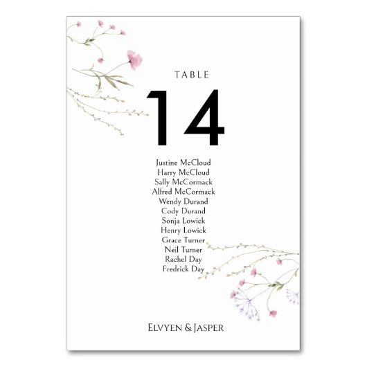 Modern Floral Pink Wild Flower Seating Chart &  テーブルナンバー (正面)