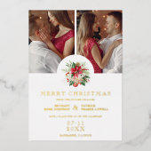 Modern Floral Poinsettias Bouquet Christmas Photos 箔招待状 (正面)