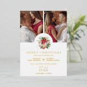 Modern Floral Poinsettias Bouquet Christmas Photos 箔招待状 (立ち正面)